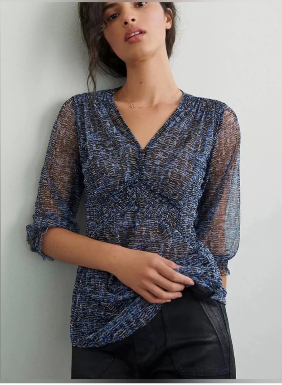 Anthropologie XL Gretchen Sheer Mesh Blouse Blue Black Smocked Balloon Sleeves